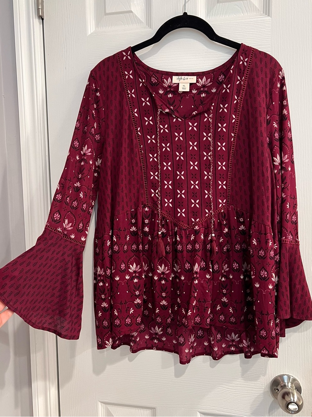 Basque Waist Burgundy Floral Mix Print Boho Peasant Flowy Blouse Top Bell Sleeve